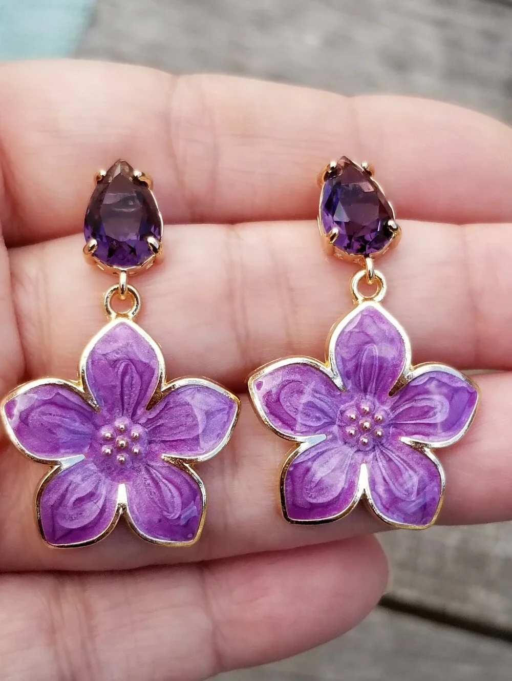 14k Gold Amethyst Floral Stud Earrings, Large Purple Flower Dangle Earrings